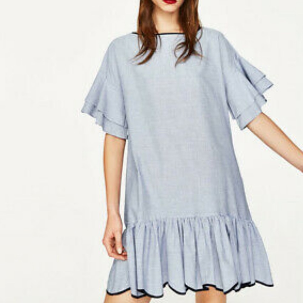 LAST size S NWT ZARA WHITE/SKY BLUE STRIPED DRESS FRILLED SLEEVES